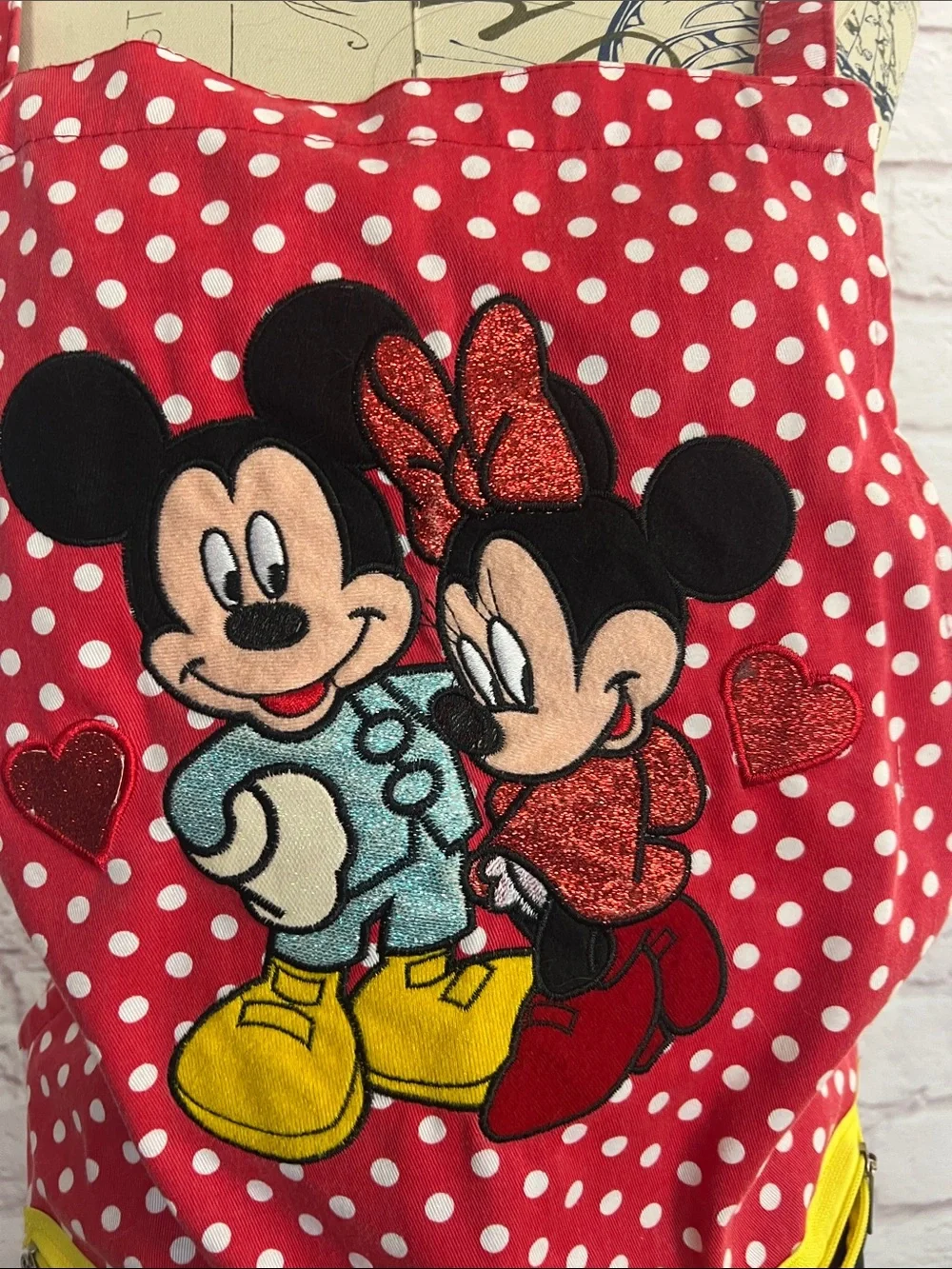 Handmade Red Polka Dot Mickey & Minnie Apron with Black 'Love' Pocket